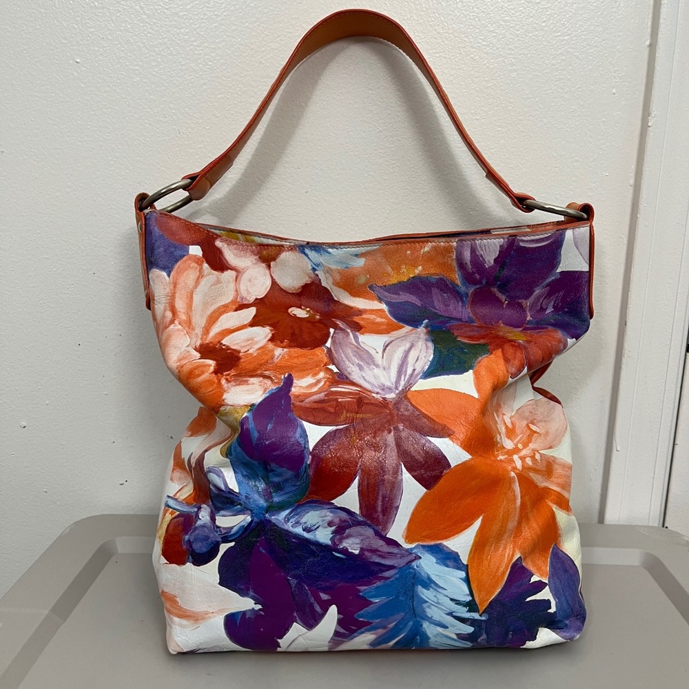 Maurizio Taiuti Leather Floral Shoulder Bag Large Statement Boho Hobo Purse